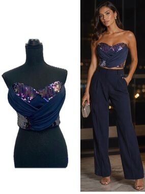 BEBE Navy blue purple sequin wrap draped sweetheart bustier corset crop top Sz L